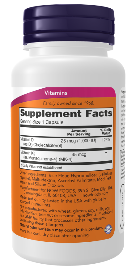 NOW FOODS VITAMIN D3 & K2 120 CAPSULES